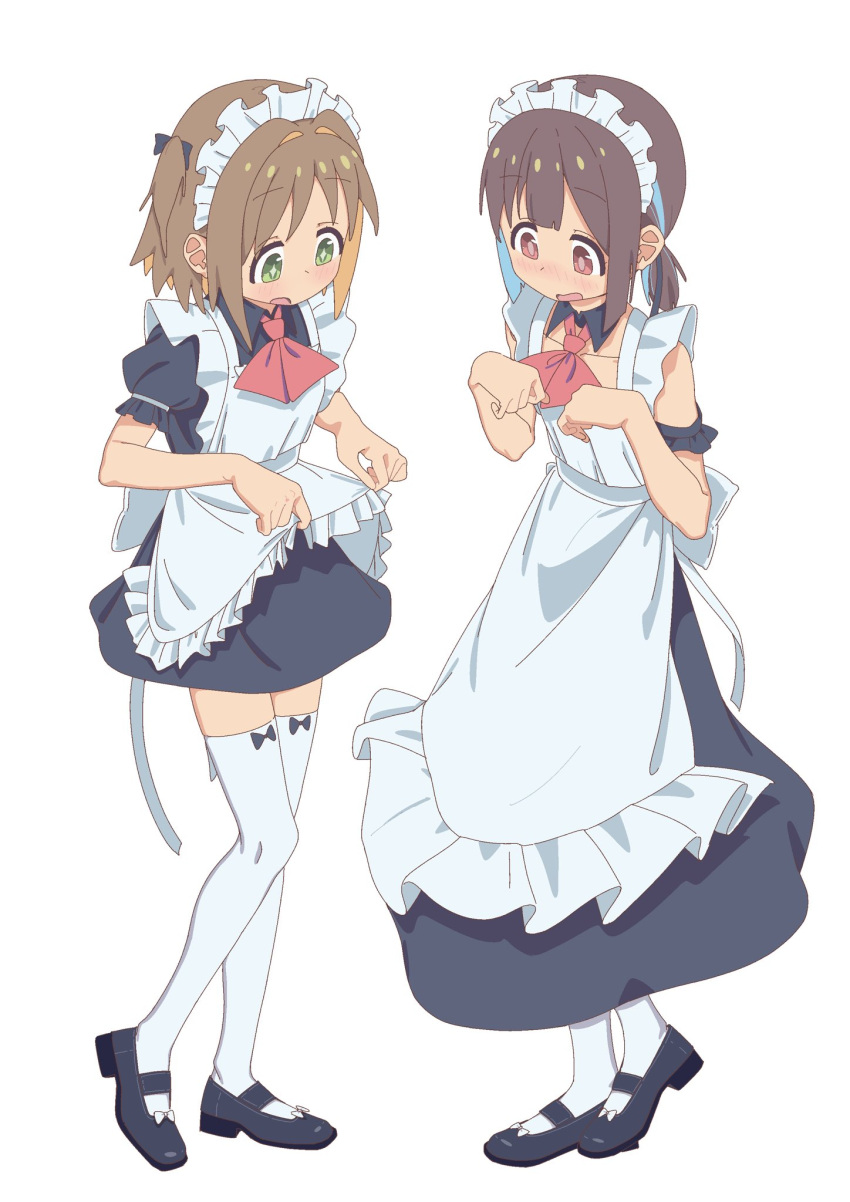 +_+ 2girls :o alternate_costume apron apron_lift ascot bare_arms black_footwear blue_hair blunt_bangs blush bow bow_legwear brown_eyes brown_hair collarbone colored_inner_hair commentary detached_collar enmaided footwear_bow frilled_apron frills full_body green_eyes hair_intakes highres hozuki_momiji lifted_by_self long_skirt maid maid_headdress miniskirt multicolored_hair multiple_girls oka_asahi onii-chan_wa_oshimai! orange_hair puffy_short_sleeves puffy_sleeves red_ascot shoes short_hair short_ponytail short_sleeves simple_background skirt sleeveless solenhfe standing thighhighs two-tone_hair two_side_up white_background white_thighhighs wing_collar zettai_ryouiki