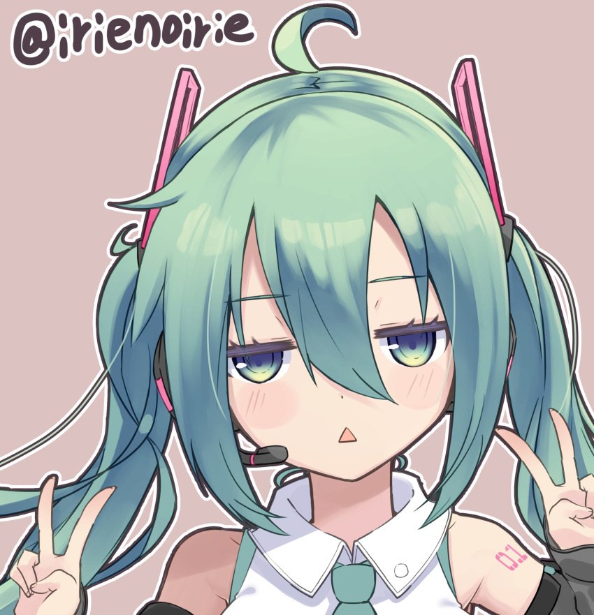 1girl :&lt; ahoge aqua_eyes aqua_hair bare_shoulders black_sleeves detached_sleeves double_v green_eyes green_hair hatsune_miku hatsune_miku_(vocaloid4) headset highres irie_keisuke_(handn) jitome long_hair looking_at_viewer necktie open_mouth shirt shoulder_tattoo simple_background solo tattoo twintails twitter_username v v4x vocaloid white_shirt