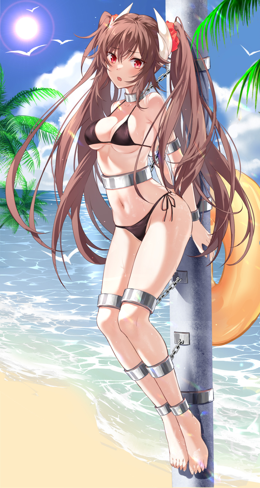 1girl :o absurdres arms_behind_back ass azur_lane bare_shoulders barefoot beach bikini bird black_bikini blue_sky blush bound breasts brown_hair chain chained cleavage cloud cloudy_sky collarbone commentary cuffs day devil_heavens feet full_body furrowed_brow groin hair_between_eyes hair_ornament hair_scrunchie halterneck haruna_(azur_lane) highres horns immobilization innertube legs_together lens_flare long_hair looking_at_viewer medium_breasts navel ocean open_mouth outdoors palm_leaf palm_tree pole red_eyes red_scrunchie restrained scrunchie shackles shadow side-tie_bikini_bottom sidelocks sky solo stationary_restraints stomach string_bikini sun sweat swimsuit tree twintails underboob water