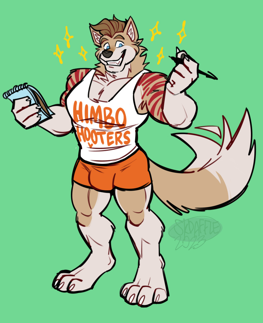 absurd_res anthro biceps bottomwear canid canine canis clothing hi_res himbo_hooters jamie_(jethrobuck) male mammal muscular muscular_anthro muscular_male note_pad pecs pectoral_bulge shorts simple_background skdaffle smile smiling_at_viewer solo tail tail_motion tailwag uniform wolf