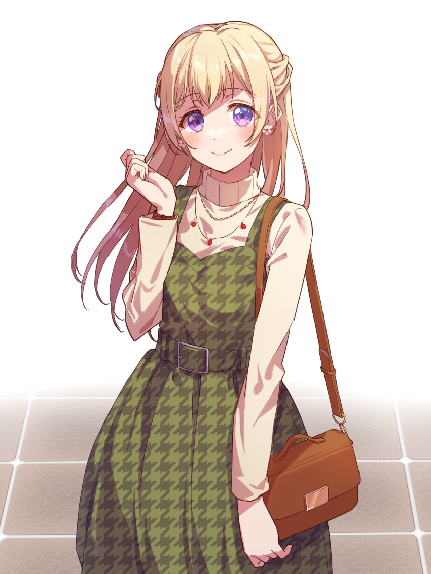 1girl bag bang_dream! blonde_hair brown_bag dress earrings flower_earrings half_updo handbag highres houndstooth jewelry long_hair long_sleeves necklace purple_eyes shirasagi_chisato smile solo sweater yazawa_happyaro