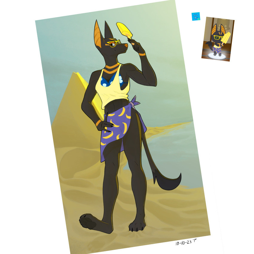 absurd_res anthro anubian_jackal bikini bottomwear canid canine canis cl clothed clothing crop_top desert ear_sky eyewear female glasses hi_res jackal mammal partially_clothed pawpads pixile_studios pyramid sand shirt skirt smile solo super_animal_royale swimwear tail topwear witseoc
