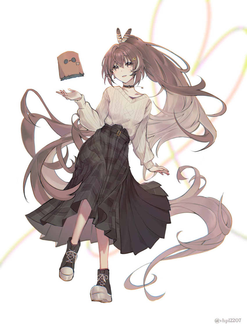 ahoge aran_sweater berry black_choker blep brown_eyes brown_footwear brown_hair brown_skirt cable_knit choker crossed_bangs earrings feather_hair_ornament feathers floating floating_hair food-themed_earrings friend_(nanashi_mumei) hair_ornament hairclip heart high_tops highres hololive hololive_english jewelry long_hair long_skirt multicolored_hair nanashi_mumei nanashi_mumei_(3rd_costume) necklace official_alternate_costume plaid plaid_skirt pleated_skirt ponytail red_shirt red_socks shirt shoes skirt smile sneakers socks streaked_hair string string_of_fate sweater very_long_hair virtual_youtuber white_sweater