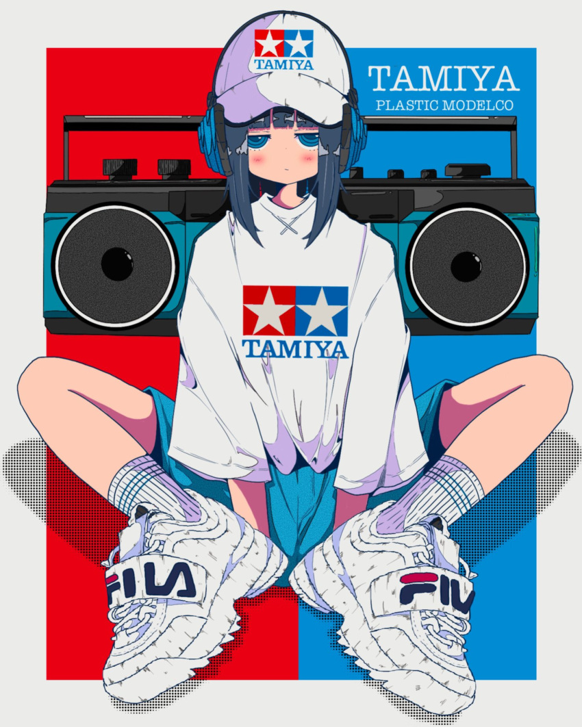 1girl baseball_cap between_legs blue_background blue_eyes blue_hair blue_shorts blunt_bangs blush boombox border closed_mouth clothes_writing dark_blue_hair fila hand_between_legs hat headphones highres jitome looking_at_viewer medium_hair nao97122 original outside_border print_headwear print_shirt product_placement red_background revision ribbed_socks shirt shoes shorts sidelocks sitting sleeves_past_elbows sneakers socks solo straight-on tamiya_incorporated two-tone_background white_border white_footwear white_headwear white_shirt white_socks