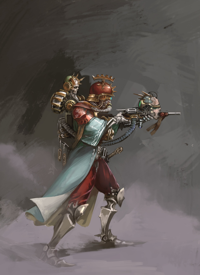 1boy absurdres adeptus_mechanicus belt_feed gas_mask green_robe gun helmet highres holding holding_gun holding_weapon mask mechanical_legs mechanical_parts nictanova ornament ornate_armor pants purity_seal red_pants robe simple_background skitarii skull skull_ornament warhammer_40k weapon