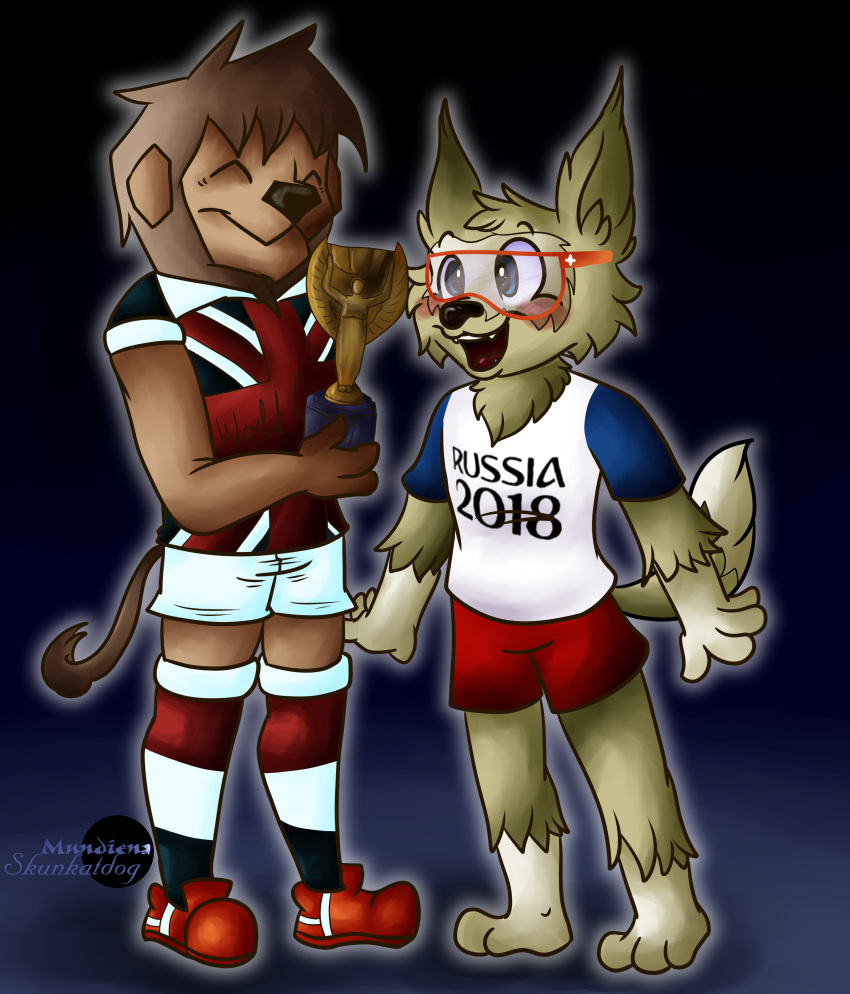 2017 3_toes 4_fingers absurd_res anthro award barefoot biped black_nose blue_eyes brown_body brown_fur brown_tail canid canine canis clothed clothing duo eyes_closed eyewear feet felid fifa fingers full-length_portrait fur goggles hi_res holding_award holding_object holding_trophy lion male mammal mascot mundienaskd pantherine portrait shirt simple_background soccer_uniform sportswear tail tan_body tan_fur tan_tail text text_on_clothing text_on_shirt text_on_topwear toes topwear trophy uniform willie_(fifa) wolf zabivaka