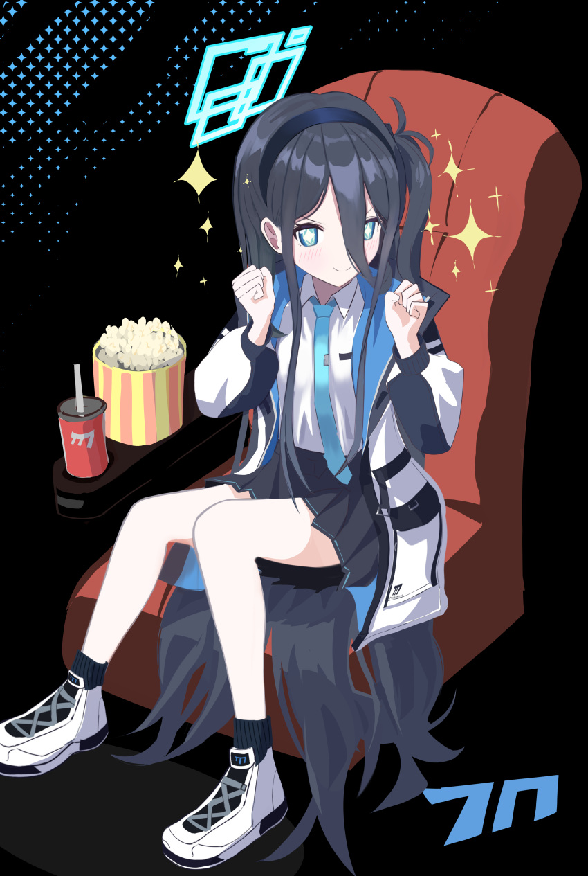 1girl absurdres aris_(blue_archive) black_hair black_socks blue_archive blue_eyes food hair_between_eyes halo highres long_hair looking_at_viewer popcorn socks solo thighs thomason366