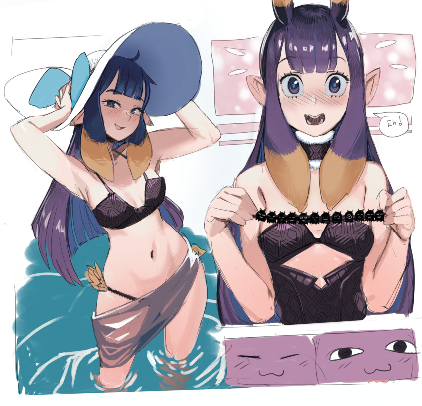 bikini black_bikini blush dress hat highres hololive hololive_english ninomae_ina'nis orange_hair pointy_ears purple_dress purple_eyes purple_hair ribbon sho-n-d surprised swimsuit water