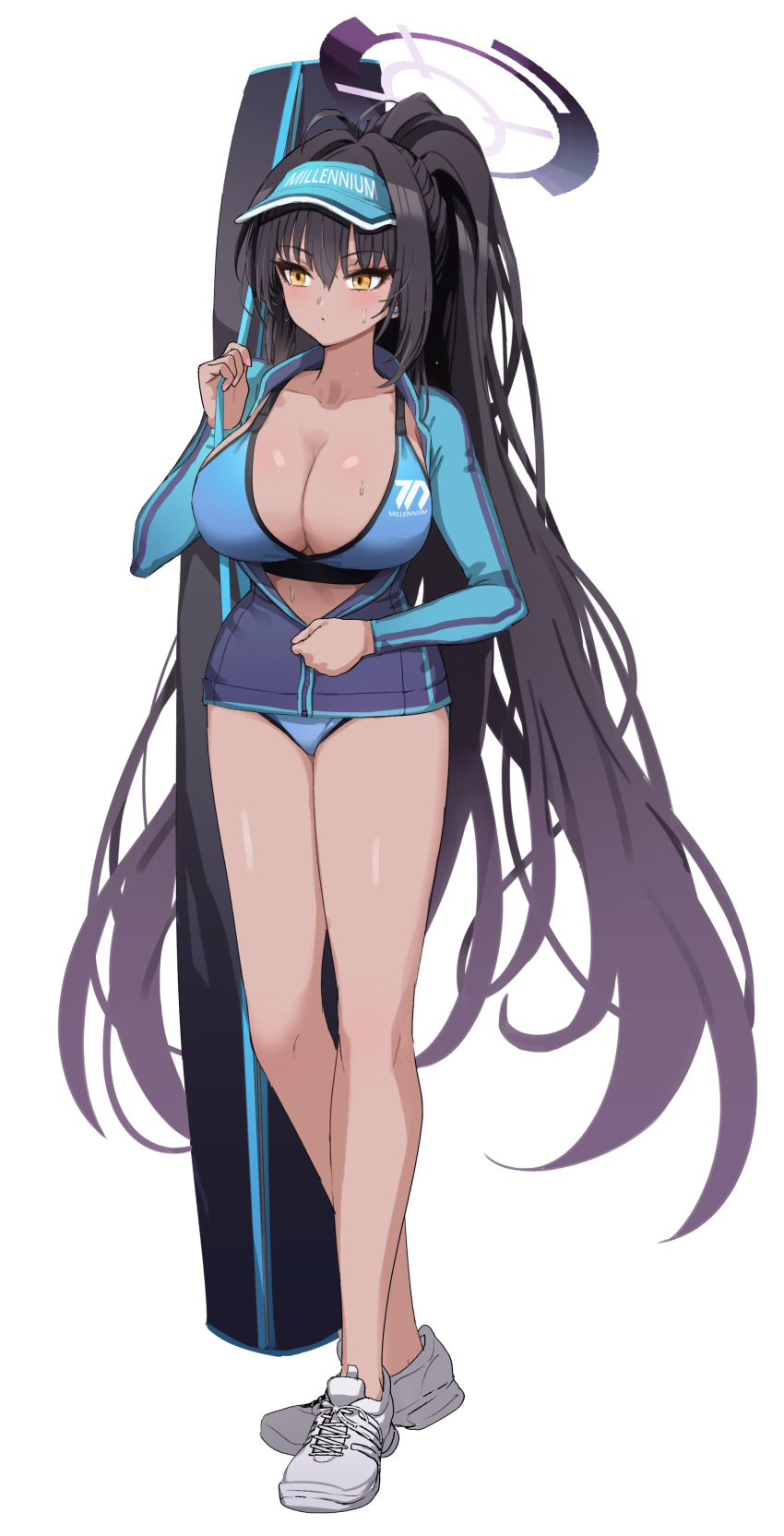 1girl absurdres antenna_hair bag bare_legs bikini black_hair blue_archive blue_bikini breasts cleavage dark-skinned_female dark_skin full_body halo highres holding holding_bag karin_(blue_archive) large_breasts long_hair long_sleeves partially_unzipped pizzasi ponytail shoes simple_background sneakers solo sweatdrop swimsuit very_long_hair visor_cap white_background