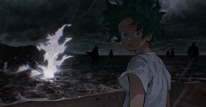 1girl 6+boys absurdres all_might arms_at_sides beach blurry boku_no_hero_academia chinese_commentary chromatic_aberration cloud constricted_pupils dark depth_of_field en_(boku_no_hero_academia) english_commentary floating_cape floating_clothes floating_hair freckles glowing green_hair hair_bun half_updo high_ponytail highres hill horizon lariat_(boku_no_hero_academia) looking_at_viewer looking_back midoriya_izuku mixed-language_commentary multiple_boys ocean open_mouth outdoors overcast pao_jiao_yu_pao_jiao rain sand shigaraki_yoichi shimura_nana shirt short_hair short_sleeves silhouette single_hair_bun sky spoilers standing t-shirt turning_head wading water waves white_shirt wide-eyed wind yagi_toshinori