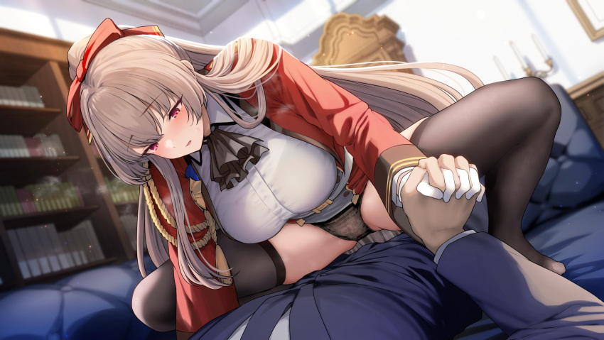 1boy 1girl aiguillette ascot azur_lane black_ascot black_panties black_thighhighs blurry blurry_background blush bookshelf breasts commentary_request commission cowgirl_position formal girl_on_top gloves hair_ribbon hetero highres holding_hands indoors interlocked_fingers jacket lace lace_panties large_breasts light_brown_hair long_hair long_sleeves looking_at_another open_clothes open_jacket panties parted_lips red_eyes red_jacket red_ribbon ribbon riding shirt skeb_commission straddling sweat swiftsure_(azur_lane) thighhighs tobimura underwear white_gloves white_shirt