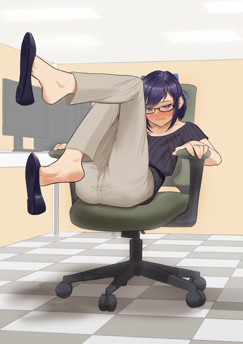 1girl a-chan_(hololive) absurdres aiharararara barefoot blue_bow blush bow chair collarbone computer english_commentary extreme_dangling feet feet_up full_body glasses grey_hair grey_pants hair_bow highres hololive indoors knees_together_feet_apart leaning_back leg_up looking_at_viewer medium_hair mixed-language_commentary monitor office_chair office_lady on_chair pants purple_footwear purple_hair purple_shirt shadow shirt shoe_dangle short_sleeves signature sitting soles solo swept_bangs swivel_chair tile_floor tiles toes virtual_youtuber