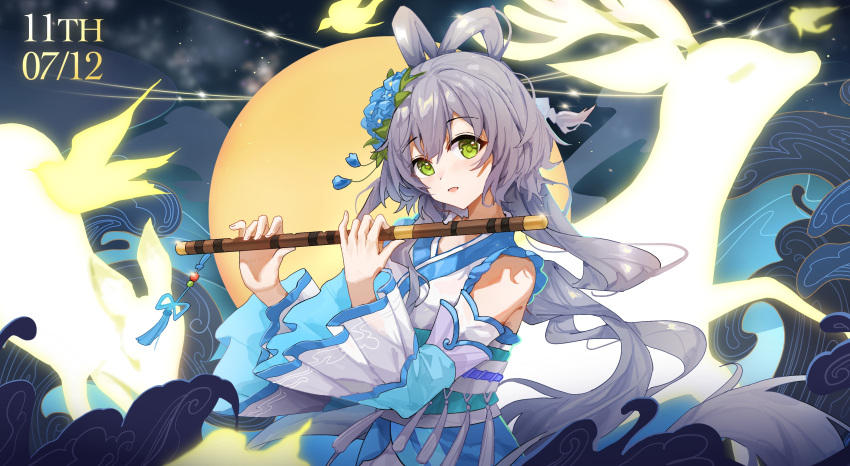 1girl absurdres bare_shoulders blue_flower chinese_clothes commentary_request dated detached_sleeves dress flower flute green_eyes grey_hair hair_flower hair_ornament hands_up highres holding holding_instrument instrument long_hair looking_at_viewer luo_tianyi music open_mouth playing_instrument sentter short_hair_with_long_locks solo upper_body very_long_hair vocaloid vsinger white_dress