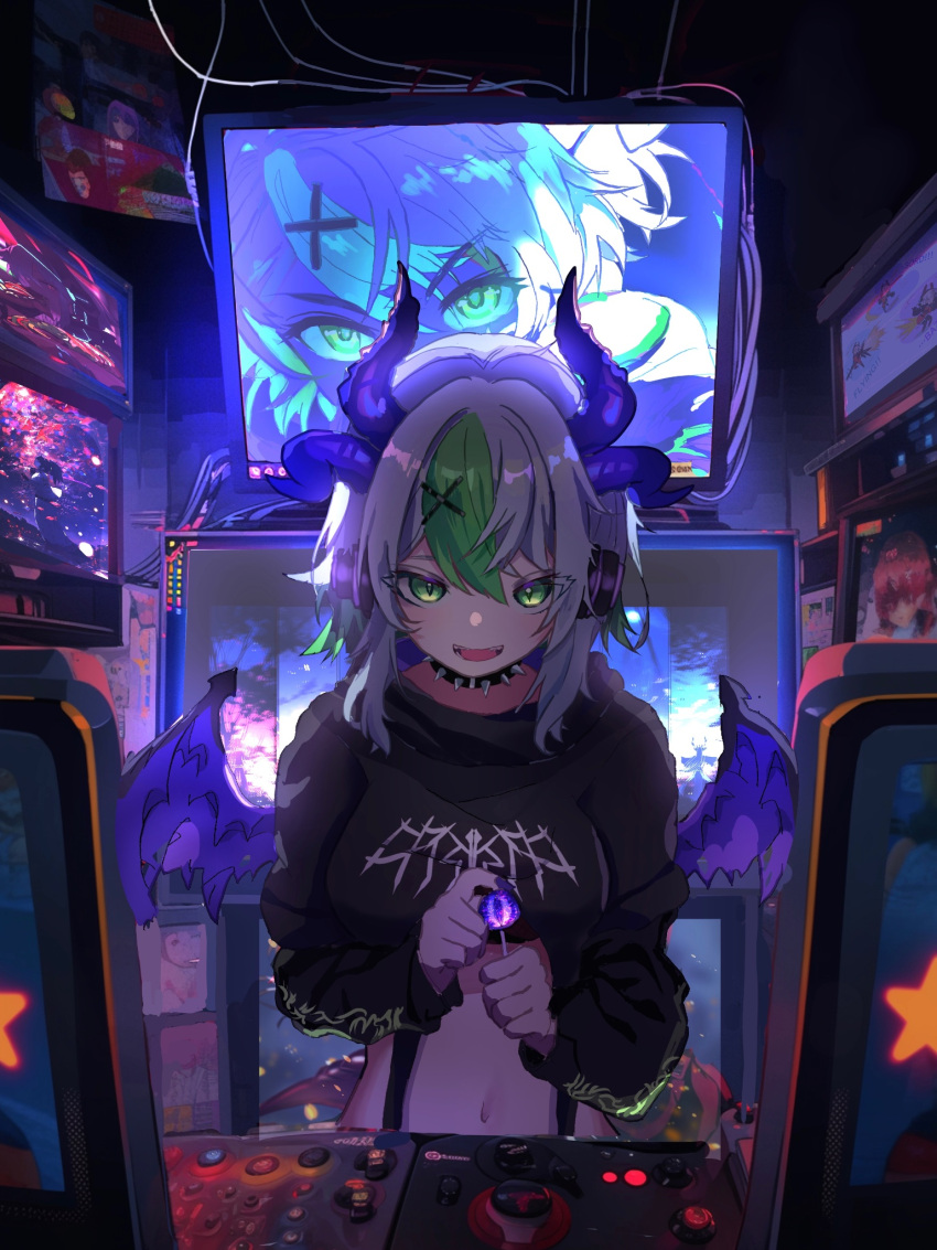 1girl arcade arcade_cabinet backlighting black_collar black_hoodie bsapricot_(vtuber) bsapricot_(vtuber)_(8th_costume) candy collar cropped_hoodie demon_girl demon_horns demon_wings earphones food green_eyes green_hair hair_ornament highres holding holding_candy holding_food holding_lollipop hood hoodie horns lollipop long_sleeves looking_at_viewer midriff mochimochi_589 multicolored_hair multiple_horns navel open_mouth purple_horns purple_nails smile solo spiked_collar spikes streaked_hair television virtual_youtuber vshojo white_hair wings x_hair_ornament