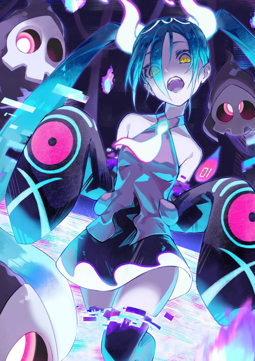 1girl aqua_hair bare_shoulders black_thighhighs detached_sleeves duskull ghost ghost_miku_(project_voltage) glitch grey_shirt hair_over_one_eye hatsune_miku highres long_hair necktie open_mouth pale_skin pokemon pokemon_(creature) project_voltage see-through see-through_skirt shirt skirt sleeves_past_fingers sleeves_past_wrists thighhighs twintails very_long_hair vocaloid will-o'-the-wisp_(mythology) yellow_eyes yohki