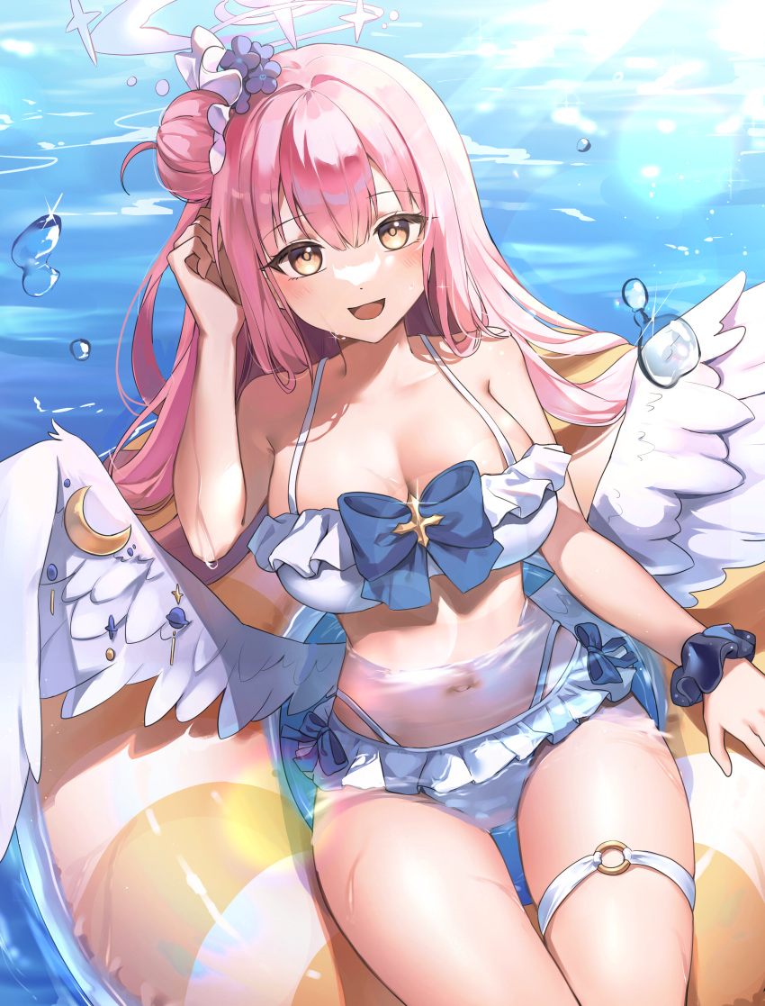 1girl absurdres angel_wings bikini blue_archive bow bow_bikini breasts feathered_wings frilled_bikini frills hair_bun hair_ornament hair_scrunchie halo highres innertube large_breasts long_hair looking_at_viewer low_wings mika_(blue_archive) mingo0011 multi-strapped_bikini navel o-ring o-ring_thigh_strap partially_submerged pink_hair scrunchie sitting smile solo swimsuit thigh_strap water white_bikini white_wings wing_ornament wings wrist_scrunchie yellow_eyes