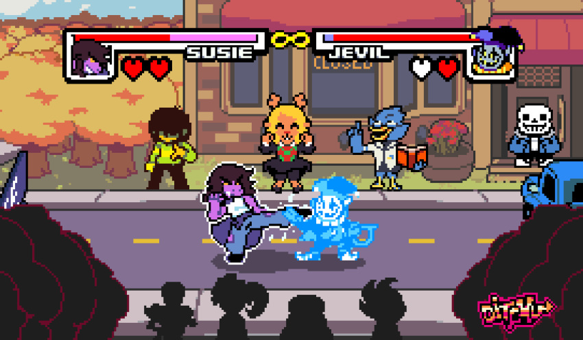1other 3boys 4girls animated animated_gif antlers artist_name beak berdly_(deltarune) clothes_around_waist deltarune ditchu evo_moment_#37 evolution_championship_series fighting fighting_stance gameplay_mechanics health_bar highres jevil kicking kris_(deltarune) monster_boy monster_girl monster_kid_(undertale) multiple_boys multiple_girls noelle_holiday papyrus_(undertale) parody parrying pixel_art road sans silhouette street street_fighter street_fighter_iii_(series) tank_top undertale undyne