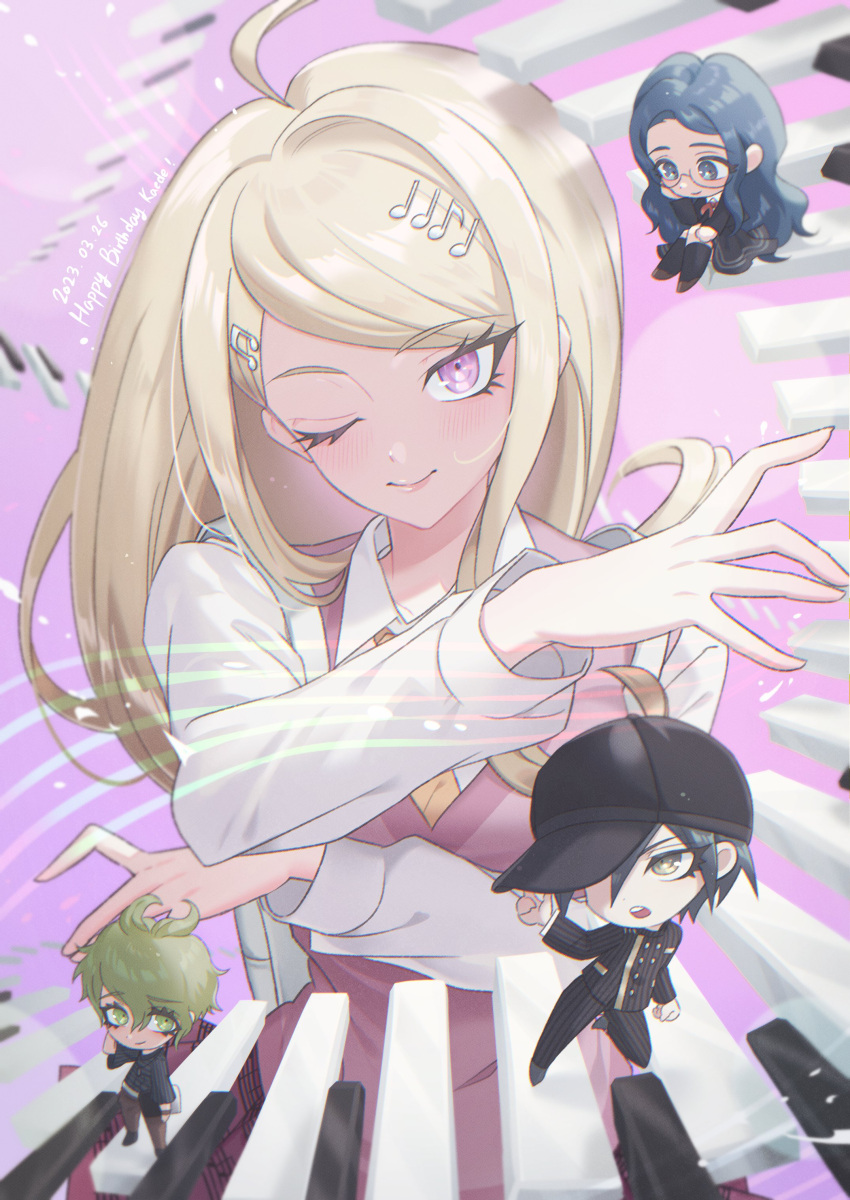 2boys 2girls ;) absurdres ahoge akamatsu_kaede amami_rantarou antenna_hair black_hair black_headwear black_jacket blush breasts character_name chibi danganronpa_(series) danganronpa_v3:_killing_harmony dated glasses green_hair happy_birthday highres instrument jacket keyboard_(instrument) large_breasts long_hair long_sleeves looking_at_another looking_at_viewer multiple_boys multiple_girls necktie one_eye_closed pants pink_background pink_eyes pink_sweater_vest pink_vest saihara_shuuichi shirogane_tsumugi shirt sitting smile striped striped_jacket striped_pants striped_shirt sweater_vest ttegi_(ddeck_dg) vest white_shirt yellow_necktie