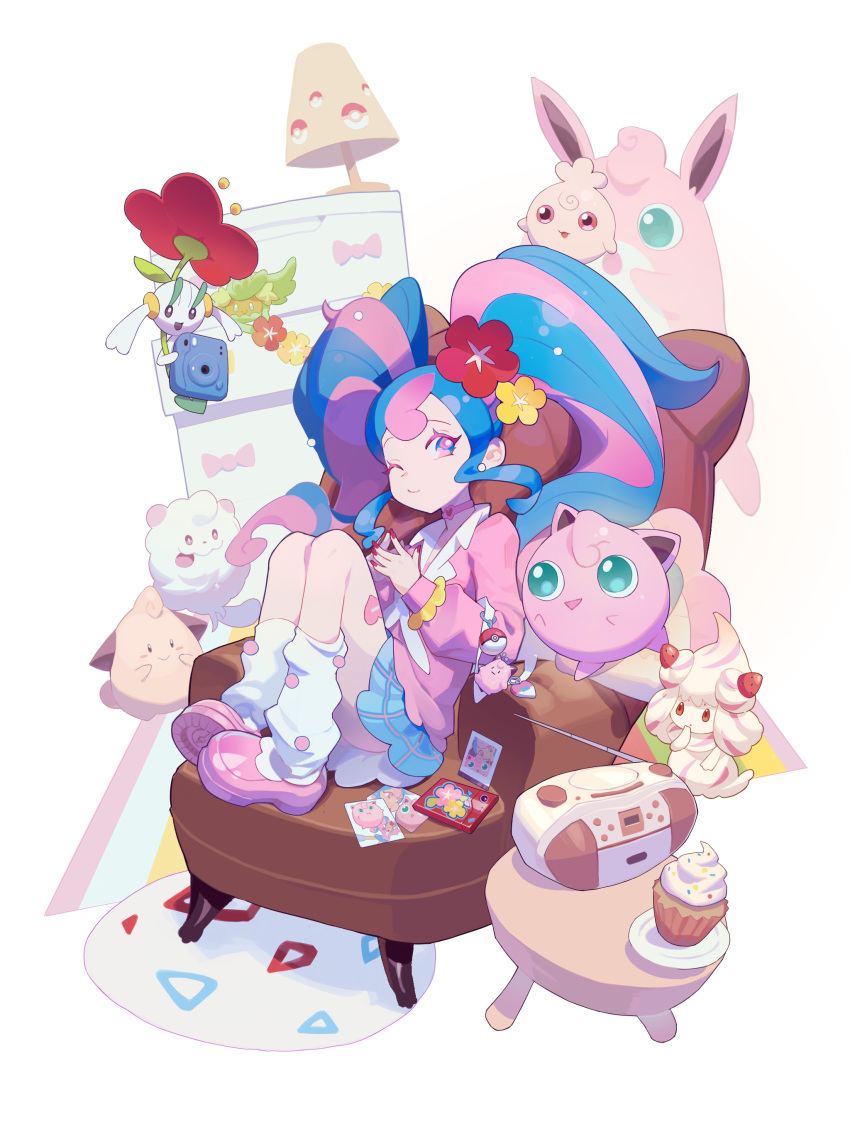 1girl absurdres alcremie blue_skirt camera cardigan cellphone choker cleffa comfey couch cupcake fairy_miku_(project_voltage) floette floette_(red) flower food hair_flower hair_ornament hatsune_miku heart heart_choker highres igglybuff jigglypuff lamp leg_warmers looking_at_viewer multicolored_eyes multicolored_hair nail_polish on_couch one_eye_closed phone photo_(object) pink_cardigan pink_footwear pink_nails plate poke_ball pokemon pokemon_(creature) project_voltage qingpu_liang radio rug scrunchie skirt smile swirlix table two-tone_hair vocaloid white_background wigglytuff wrist_scrunchie