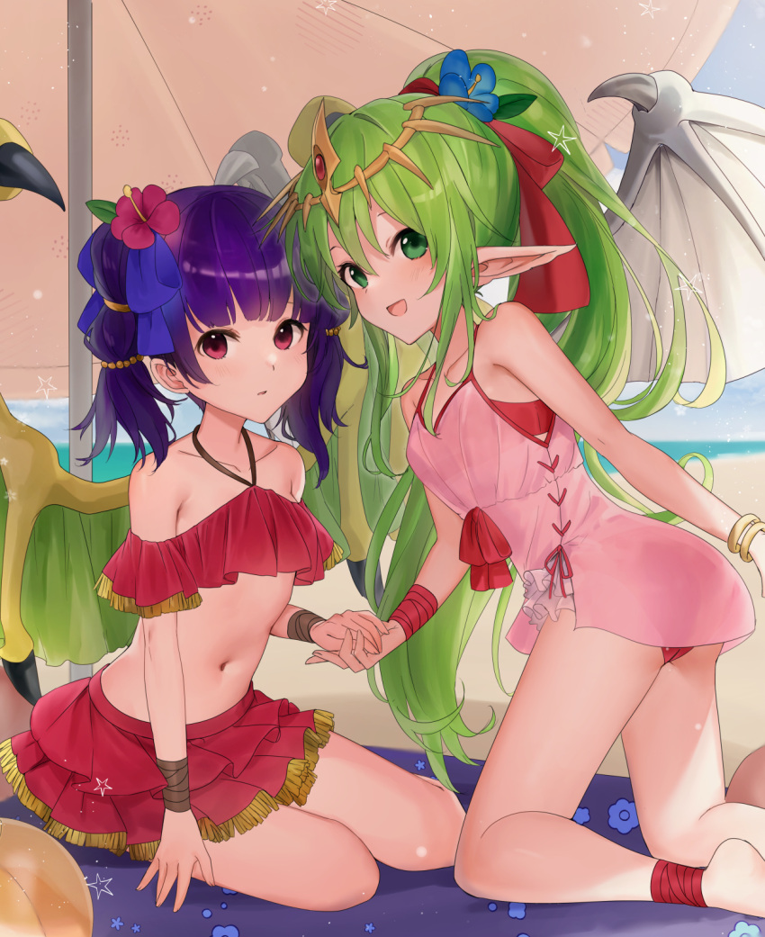 2girls :d alternate_costume bikini bikini_under_clothes blue_flower bow closed_mouth collarbone day dress fire_emblem fire_emblem:_mystery_of_the_emblem fire_emblem:_shadow_dragon fire_emblem:_the_sacred_stones flower green_eyes green_hair green_wings hair_bow hair_flower hair_ornament halterneck haru_(nakajou-28) highres kneeling layered_skirt long_hair looking_at_viewer miniskirt multiple_girls myrrh_(fire_emblem) open_mouth outdoors pink_bikini pink_dress pleated_skirt pointy_ears ponytail purple_hair red_bikini red_bow red_eyes red_flower red_skirt short_dress sitting skirt sleeveless sleeveless_dress smile summer swimsuit tiki_(fire_emblem) tiki_(young)_(fire_emblem) twintails very_long_hair wings