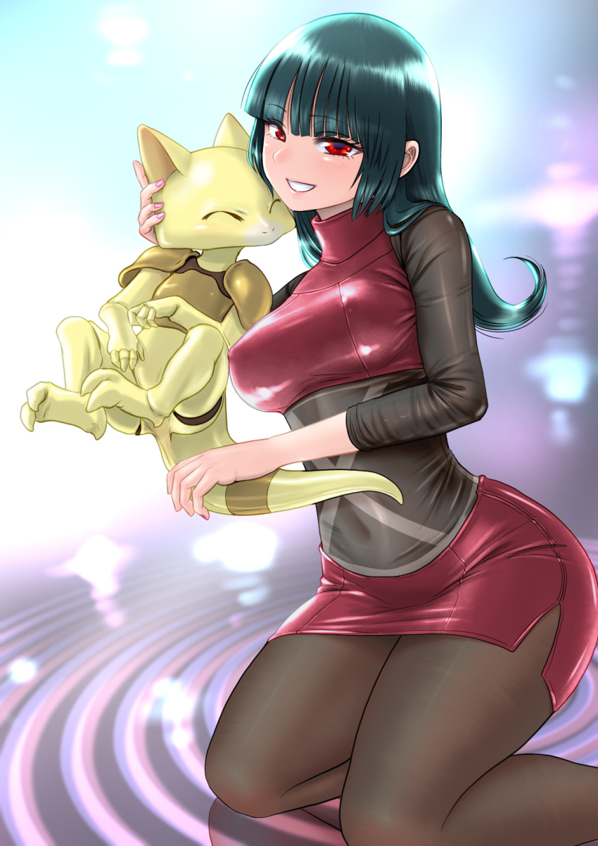 1girl abra black_hair blunt_bangs bodystocking breasts brown_pantyhose covered_navel crop_top grin hadairo_rainbow highres kneeling large_breasts long_hair miniskirt pantyhose pencil_skirt pokemon pokemon_(creature) pokemon_(game) pokemon_frlg red_eyes sabrina_(pokemon) skirt smile teeth thighs tight turtleneck