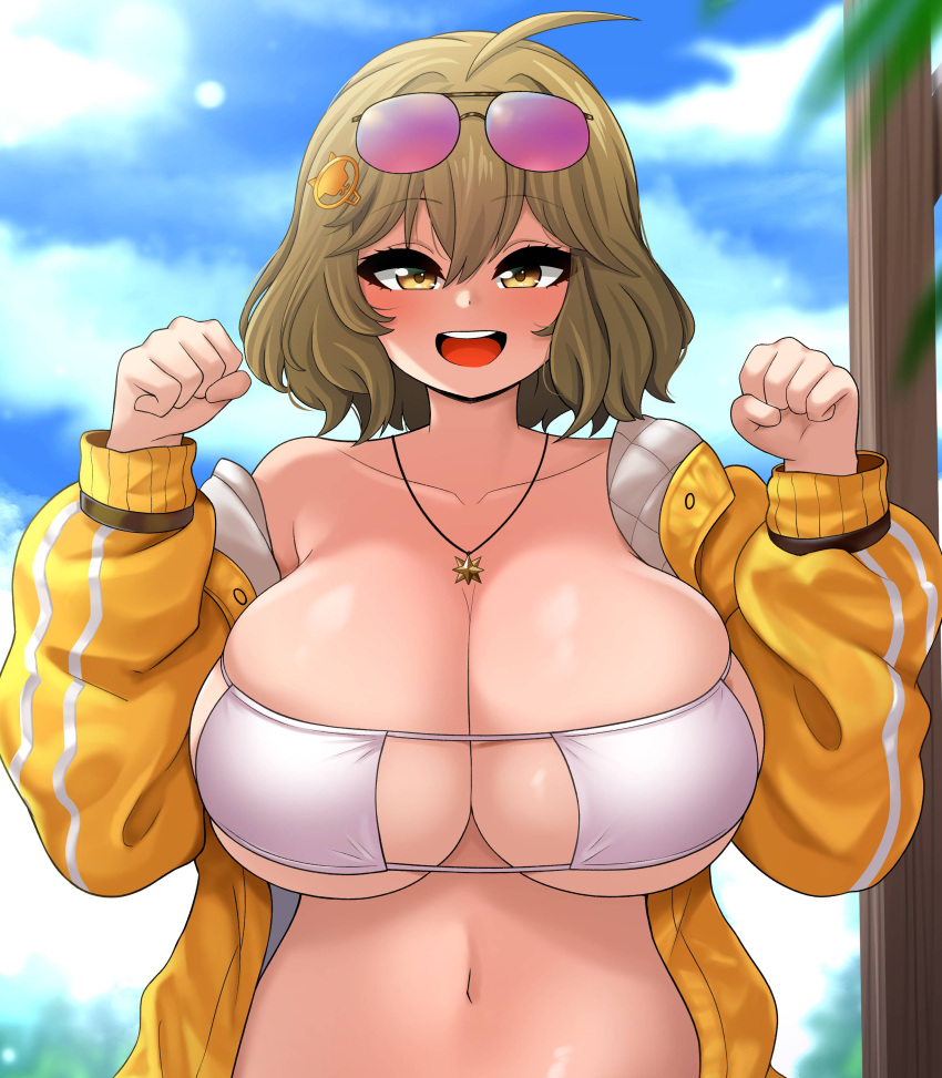 1girl absurdres ahoge anis_(nikke) anis_(sparkling_summer)_(nikke) bikini blue_sky breasts brown_hair cleavage clenched_hand cloud cloudy_sky collarbone day goddess_of_victory:_nikke hair_between_eyes highres jacket jewelry large_breasts looking_at_viewer medium_hair navel necklace open_clothes open_jacket open_mouth outdoors sky smile solo sunglasses swimsuit teeth the_only_shoe tongue upper_body upper_teeth_only white_bikini