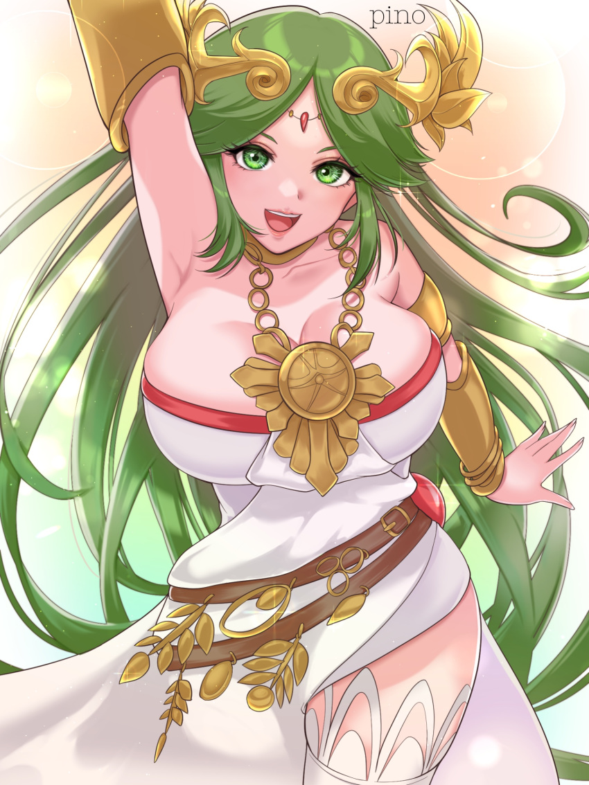 1girl armlet bare_shoulders breasts chain chiton circlet cleavage collarbone dress forehead_jewel gold_chain green_hair highres jewelry kid_icarus kid_icarus_uprising large_breasts long_hair neck_ring p_i_n_o palutena parted_bangs pendant single_thighhigh solo strapless strapless_dress thighhighs tiara vambraces very_long_hair white_dress white_thighhighs