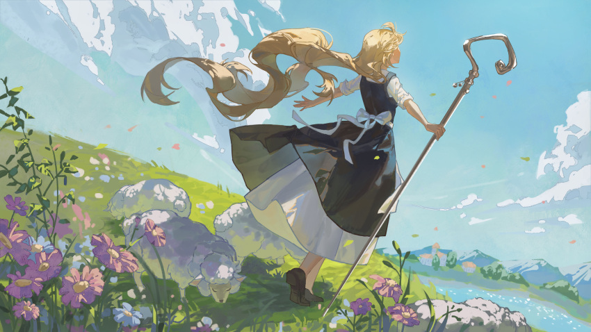 1girl absurdres animal back_bow black_dress black_footwear blonde_hair bow building cloud commentary day dress dutch_angle english_commentary facing_away facing_up floating_hair flock flower from_behind full_body gejiandenghuo grazing_(livestock) highres holding lake light_brown_hair long_hair meadow mountainous_horizon original outdoors outstretched_arms petals pinafore_dress pink_flower sheep shepherd shepherd's_crook shoe_soles shoes sky sleeveless sleeveless_dress sleeves_rolled_up spread_arms standing very_long_hair white_bow white_dress wind