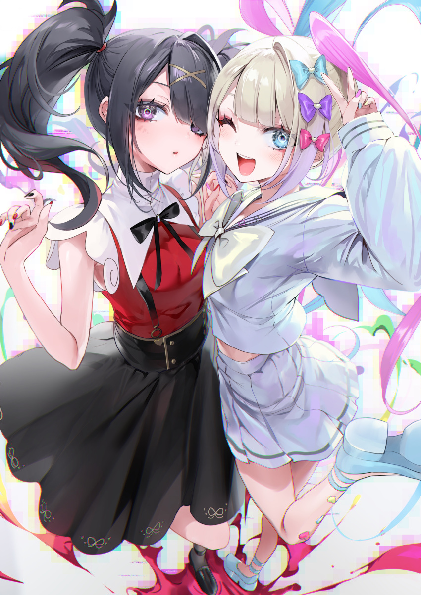 2girls :o ;d absurdres ame-chan_(needy_girl_overdose) arm_up black_bow black_footwear black_hair black_nails black_skirt blue_bow blue_eyes blue_footwear blue_hair blue_nails bow breasts chouzetsusaikawa_tenshi-chan commentary_request grey_hair grey_sailor_collar grey_serafuku grey_shirt grey_skirt grey_socks hair_bow hair_ornament hair_over_one_eye highres long_sleeves multicolored_hair multicolored_nails multiple_girls nail_polish needy_girl_overdose nekometaru one_eye_closed open_mouth parted_lips pink_hair pleated_skirt puffy_long_sleeves puffy_sleeves purple_bow purple_eyes purple_nails red_nails red_shirt sailor_collar school_uniform serafuku shirt shoe_soles shoes single_hair_intake skirt sleeves_past_wrists small_breasts smile socks standing standing_on_one_leg suspender_skirt suspenders teeth twintails two-tone_hair upper_teeth_only x_hair_ornament