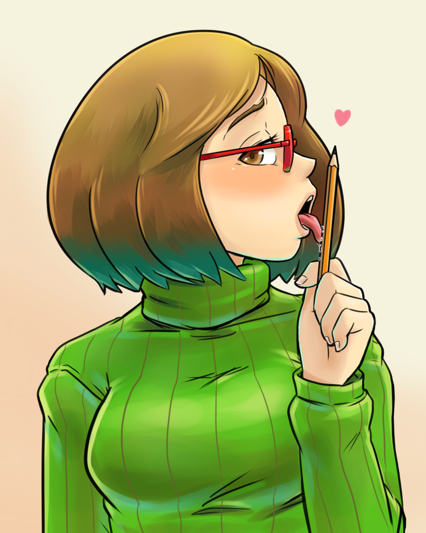 1girl brown_eyes brown_hair fellatio glasses half-closed_eyes heart highres holding holding_pencil licking long_sleeves looking_at_viewer malev medium_hair nikki_(swapnote) nintendo open_mouth oral pencil ribbed_sweater simple_background simulated_fellatio solo swapnote sweater teeth tongue tongue_out turtleneck turtleneck_sweater upper_body upper_teeth_only
