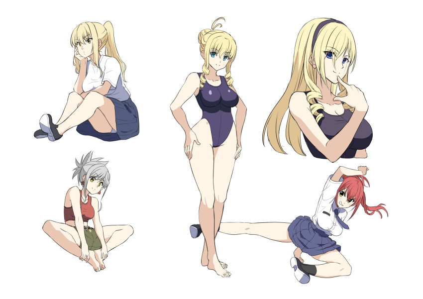 4girls barefoot bertille_althusser black_footwear black_socks blue_eyes blue_one-piece_swimsuit breasts brown_shorts cakuiti celia_kumani_entory character_request cleavage drill_hair grey_hair grey_skirt hair_bun hands_on_own_hips highres large_breasts midriff multiple_girls multiple_views one-piece_swimsuit ponytail red_hair school_uniform shirt short_sleeves shorts sidelocks sitting skirt socks standing swimsuit walkure_romanze white_background white_shirt yellow_eyes