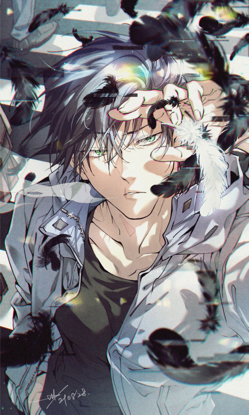 1boy black_hair black_shirt falling_feathers feathers fushiguro_touji green_eyes grey_jacket highres jacket jujutsu_kaisen large_pectorals male_focus muscular muscular_male open_clothes open_jacket outdoors parted_lips pectorals sashiyu scar scar_on_face scar_on_mouth shirt short_hair solo