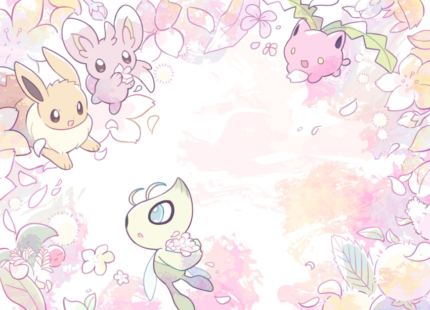 :d alternate_color antennae bright_pupils brown_eyes celebi eevee flower green_eyes highres hoppip minccino no_humans open_mouth oyul_o petals pokemon pokemon_(creature) shiny_pokemon smile white_pupils yellow_eyes yellow_flower