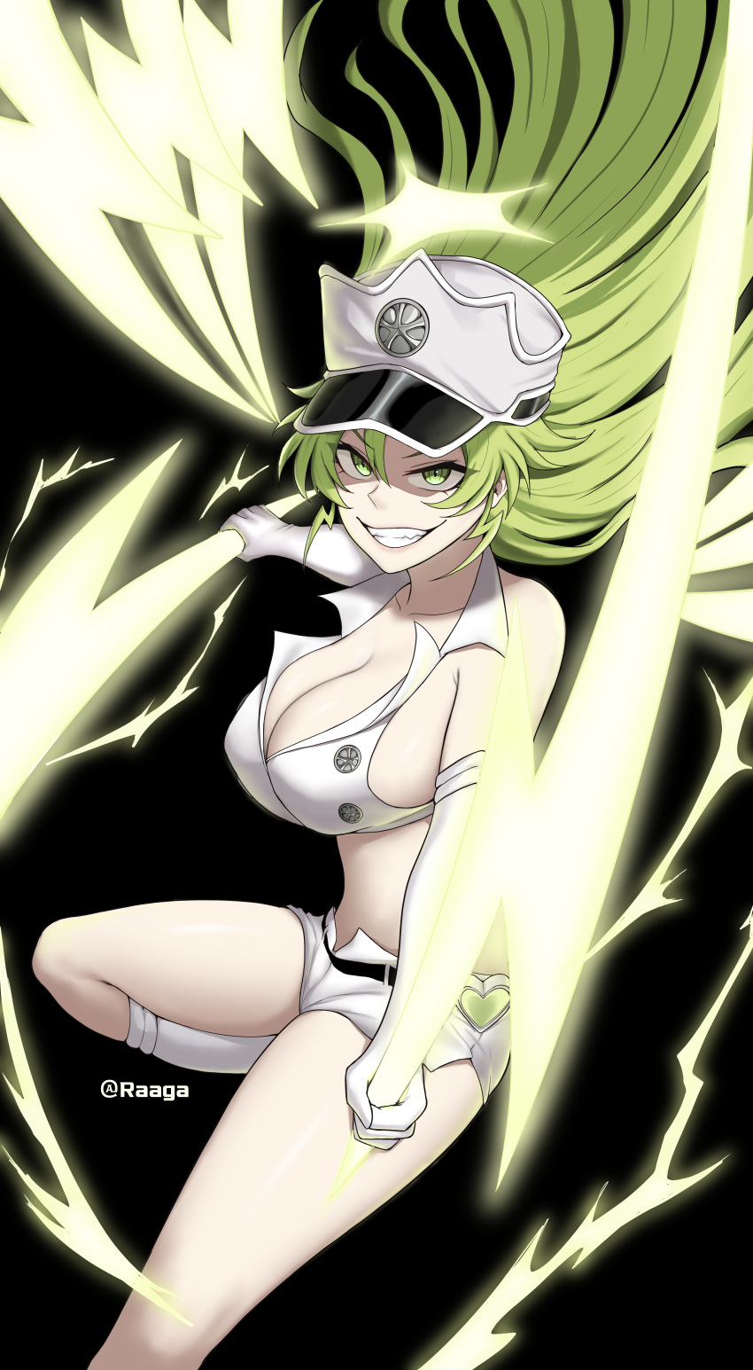 1girl absurdres artist_name black_background bleach bleach:_the_thousand-year_blood_war breasts candice_catnipp cleavage commentary elbow_gloves electricity english_text fighting_stance floating_hair gloves green_eyes green_hair grin hair_between_eyes halo hat highres large_breasts lazier lightning long_hair looking_at_viewer micro_shorts military_hat mixed-language_commentary shaded_face shorts sidelocks simple_background smile solo standing standing_on_one_leg sternritter stomach thighs v-shaped_eyebrows wandenreich_uniform white_gloves white_headwear white_shorts yellow_halo