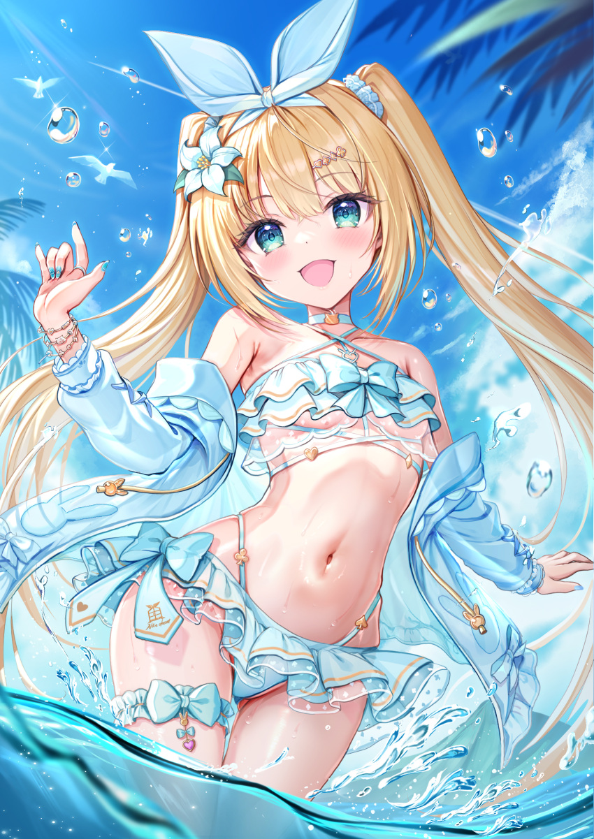 1girl :d absurdres akabane_(zebrasmise) bikini blonde_hair blue_bikini blue_eyes blue_sky breasts cloud commentary_request day frilled_bikini frills hairband highres long_hair looking_at_viewer mixed-language_commentary mononobe_alice navel nijisanji outdoors partially_submerged revision sky small_breasts smile solo stomach swimsuit twintails virtual_youtuber wet white_hairband