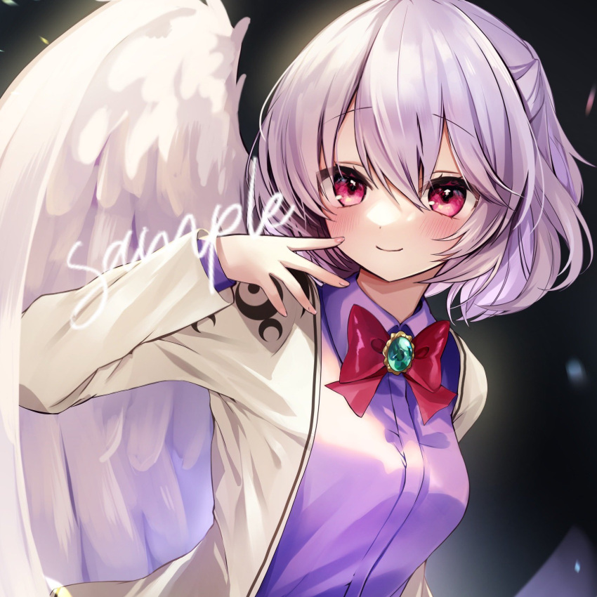 1girl black_background blush bow bowtie breasts brooch brown_jacket collared_shirt feathered_wings glowing green_brooch grey_hair hand_up highres jacket jewelry jpeg_artifacts kishin_sagume light_smile looking_ahead medium_breasts moni_monico pink_nails purple_eyes purple_shirt red_bow sample_watermark shirt short_hair simple_background single_wing solo touhou upper_body wings