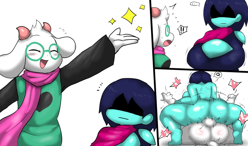 &lt;3 ambiguous_penetration anthro anthro_penetrating anthro_penetrating_human ball biped blue_body bovid breasts caprine cleavage clothed clothing deltarune dominant dominant_female duo enigi09 exclamation_point female female_penetrated from_front_position goat hi_res human human_on_anthro human_penetrated interspecies kris_(deltarune) male male/female male_penetrating male_penetrating_female mammal mating_press open_mouth penetration ralsei scarf sex simple_background smile undertale_(series) white_background