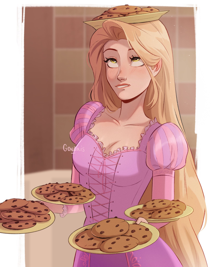 1girl blonde_hair cookie dress food food_on_head gonzais green_eyes highres holding holding_plate long_hair looking_up object_on_head pink_dress plate rapunzel_(disney) solo tangled upper_body very_long_hair