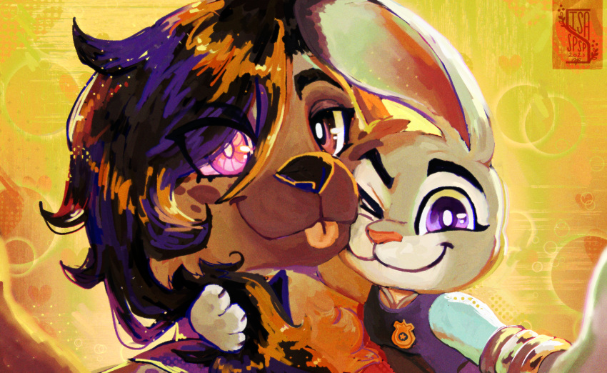 anthro brown_hair disney duo female female/female glowing glowing_eyes hair helena_(bonk6) hi_res hyena isaspsp judy_hopps lagomorph leporid mammal rabbit selfie side_hug smile tongue tongue_out zootopia