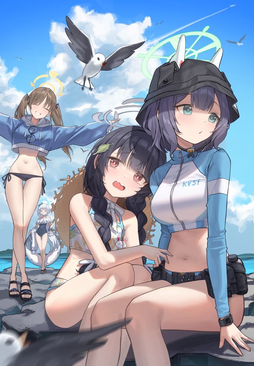 4girls absurdres animal ass bare_arms bare_legs bare_shoulders bikini bird black_hair black_headwear black_one-piece_swimsuit blue_archive blue_halo blue_hoodie blush braid breasts brown_hair closed_eyes cloud cloudy_sky covered_navel day frilled_one-piece_swimsuit frills glasses green_eyes green_halo grey_hair grey_halo grin halo hat highres hood hoodie innertube large_breasts leaf leaf_on_head leaf_print long_hair long_sleeves mansu_(user_pnmp4287) medium_breasts miyako_(blue_archive) miyako_(swimsuit)_(blue_archive) miyu_(blue_archive) miyu_(swimsuit)_(blue_archive) moe_(blue_archive) moe_(swimsuit)_(blue_archive) multiple_girls navel off-shoulder_one-piece_swimsuit off_shoulder official_alternate_costume one-piece_swimsuit open_mouth outdoors outstretched_arms ponytail print_bikini purple_eyes rabbit_platoon_(blue_archive) raglan_sleeves rash_guard red_eyes saki_(blue_archive) saki_(swimsuit)_(blue_archive) sandals seagull short_hair sky small_breasts smile spread_arms stomach swimsuit tears toes twin_braids twintails unworn_eyewear white_bikini yellow_halo