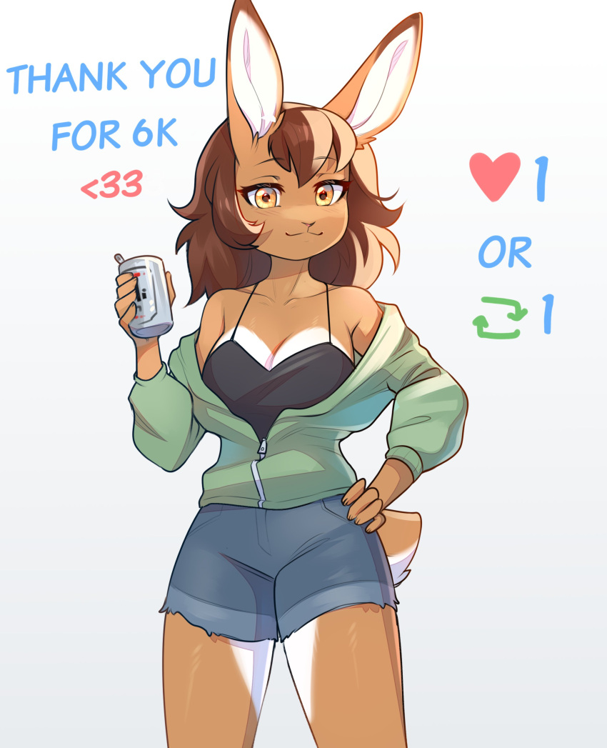 absurd_res anthro beverage_can bottomwear brown_hair clothed clothing female fensu-san fully_clothed fur hair hand_on_hip hi_res jacket jessie_(fensu-san) lagomorph leporid mammal open_clothing open_jacket open_topwear rabbit shorts simple_background solo strip_meme tan_body tan_fur topwear twitter white_background yellow_eyes