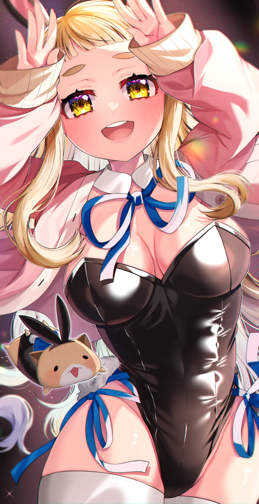 1girl :d absurdres akirannu animal arms_up black_leotard blonde_hair blue_ribbon breasts cleavage commentary_request forehead gonzalez_(machita_chima) groin hamster highres jacket leotard long_hair long_sleeves looking_at_viewer machita_chima medium_breasts neck_ribbon nijisanji open_clothes open_jacket pink_jacket playboy_bunny puffy_long_sleeves puffy_sleeves ribbon round_teeth short_eyebrows sleeves_past_wrists smile strapless strapless_leotard teeth thick_eyebrows thighhighs upper_teeth_only very_long_hair white_thighhighs yellow_eyes