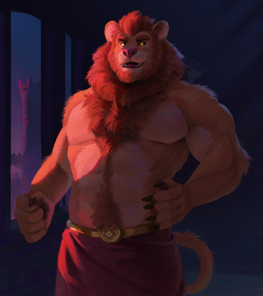 2023 abs anthro arm_tuft barechested belt biceps body_hair cariboops castle chest_hair clothed clothing deltoids elbow_tuft felid grin happy_trail hi_res lion male mammal mane manly muscular obliques pantherine pecs shirtless shirtless_male shoulder_tuft smile solo standing topless topless_male triceps tuft yellow_eyes