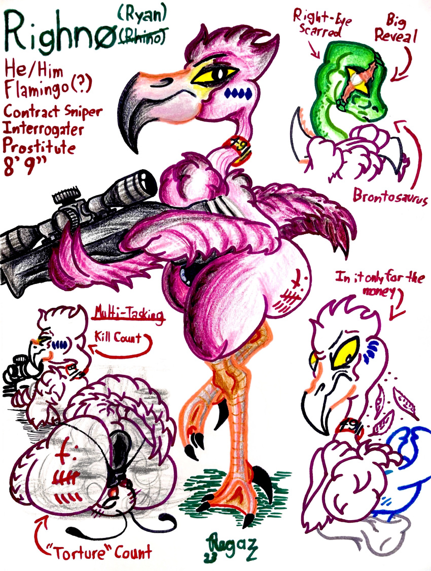 absurd_res anthro anus avian big_butt big_chest big_hands big_tail bird black_anus bodypaint brontosaurus bulge bulge_in_face butt chest_tuft clothed clothing costume dinosaur diplodocid disguise eye_scar facial_scar feathers flamingo fluffy_chest fursuit green_body green_head green_scales gun hair hi_res jockstrap jockstrap_only male model_sheet musk musk_clouds musky_butt neckwear on_one_leg pervnamedregazz pink_body pink_feathers pink_hair puffy_anus ranged_weapon reptile rifle righno_(regazz) sauropod scales scalie scar shoulder_tuft smothering sniper sniper_rifle solo standing tail talons thick_thighs topless traditional_media_(artwork) tuft underwear underwear_only weapon yellow_sclera