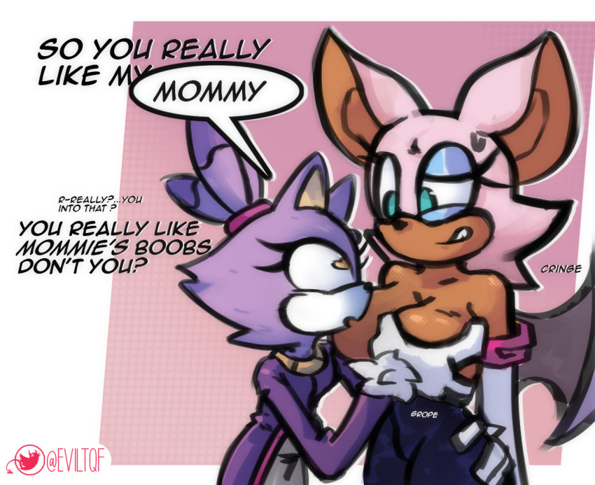 &lt;3 &lt;3_eyes 2023 age_difference alternate_color anthro anthro_on_anthro archie_comics awkward awkward_smile bat bat_wings big_breasts big_ears blaze_the_cat blush bodily_fluids breast_fondling breast_out breast_play breast_squish breasts butt butt_grab clothed clothing cringing dialogue dialogue_box digital_drawing_(artwork) digital_media_(artwork) domestic_cat duo english_text eviltqf eyelashes eyeliner felid feline felis female female/female fingers fondling fur gloved_hands gloves green_eyes grope groping_breasts hair hand_on_breast hand_on_butt handwear huge_breasts humanoid idw_publishing makeup mammal megabat membrane_(anatomy) membranous_wings mommy_kink open_mouth partially_clothed ponytail princess purple_body purple_fur rouge_the_bat royalty sega shaded simple_background size_difference sketch small_breasts smile sonic_adventure sonic_the_hedgehog_(archie) sonic_the_hedgehog_(comics) sonic_the_hedgehog_(idw) sonic_the_hedgehog_(series) sonic_x speech_bubble squish sweat sweatdrop teeth text thick_thighs tight_clothing white_body white_fur wide_eyed wings yellow_eyes