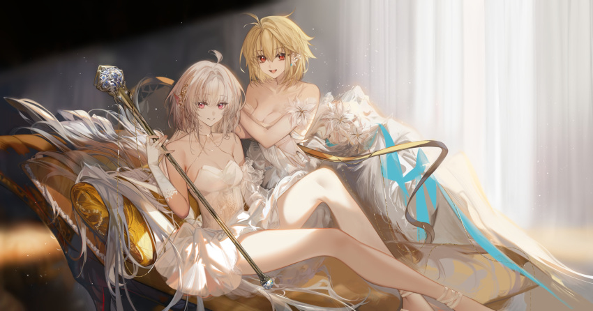 2girls ahoge archetype_earth arcueid_brunestud arlizi bare_shoulders blonde_hair blush breasts dress fate/grand_order fate_(series) highres lady_avalon_(fate) large_breasts long_hair looking_at_viewer medium_breasts merlin_(fate/prototype) multiple_girls open_mouth pointy_ears purple_eyes red_eyes smile staff tsukihime very_long_hair white_dress white_hair