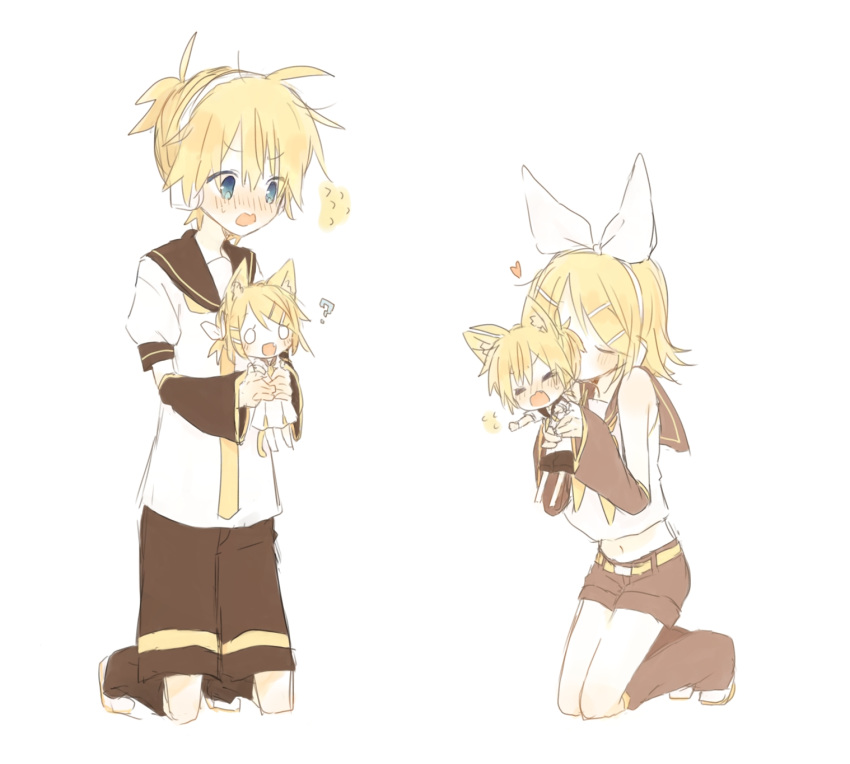 animal_ears belt blonde_hair blue_eyes blush bow cat_ears closed_eyes detached_sleeves fang hair_bow headset highres kagamine_len kagamine_rin kiss leg_warmers necktie oboro_0x0 open_mouth sailor_collar short_ponytail shorts vocaloid white_bow yellow_belt