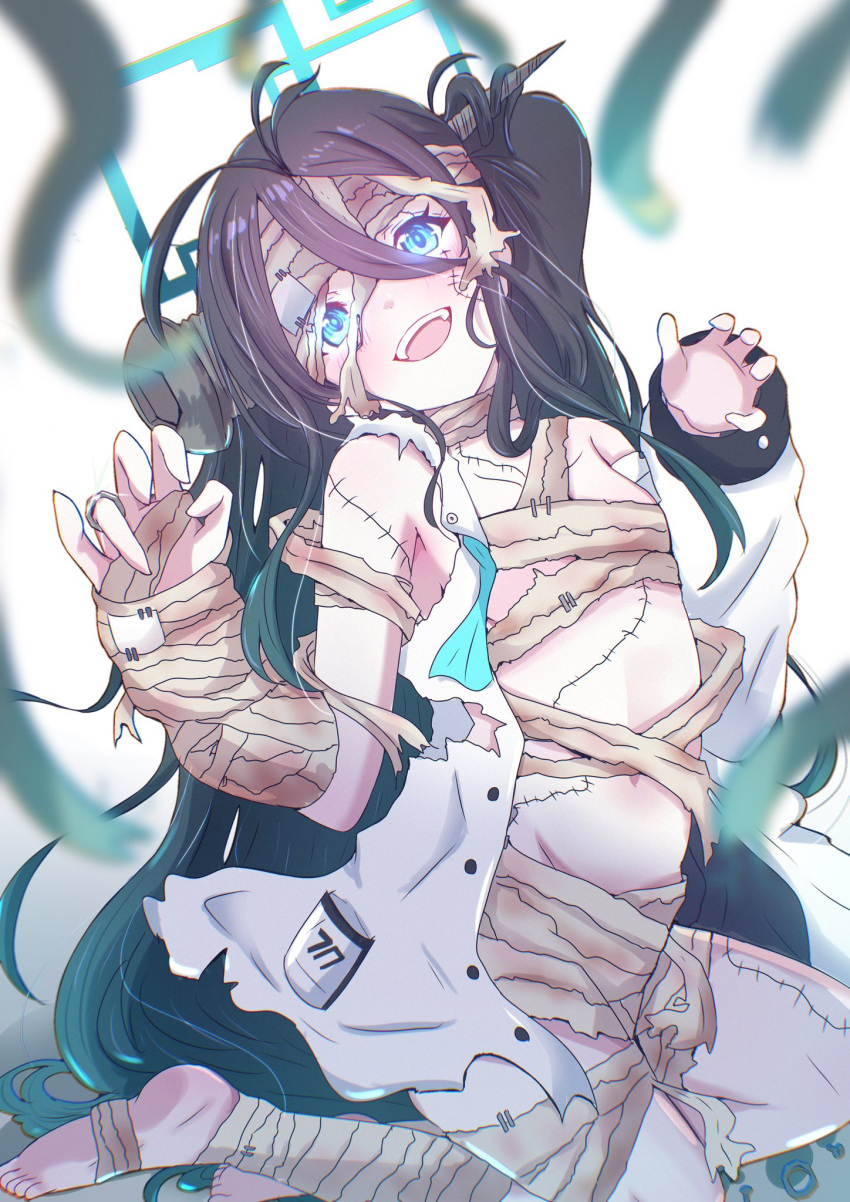 1girl absurdly_long_hair aris_(blue_archive) bandaged_arm bandaged_head bandaged_leg bandages black_hair blue_archive blue_eyes breasts commentary giorgio_(yo_sumire_sola1) glowing glowing_eyes hair_between_eyes halo hands_up highres jacket jewelry kneeling long_hair looking_at_viewer messy_hair naked_bandage object_through_head ring scar scar_on_chest scar_on_face scar_on_leg scar_on_stomach screw_in_head single_sleeve small_breasts solo sparkle torn_clothes very_long_hair white_background white_jacket