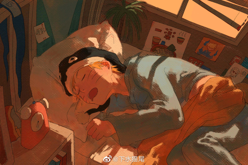 1boy drooling from_side highres male_child male_focus mouth_drool myyykco naruto_(series) on_bed open_mouth pajamas shirt short_hair sleeping solo upper_body uzumaki_naruto whiskers window_shade