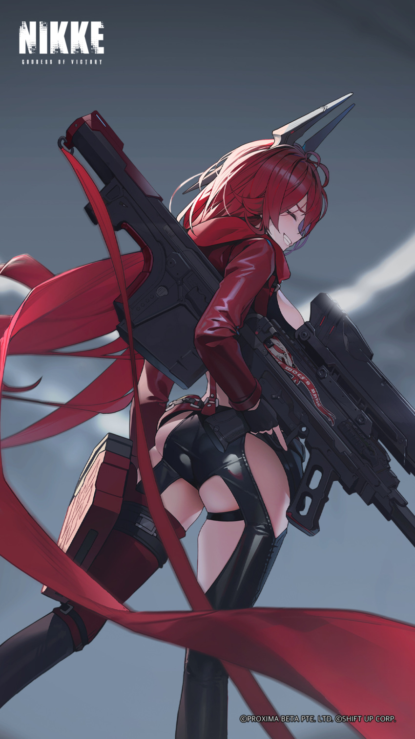 1girl artist_request ass black_gloves black_thighhighs closed_eyes fingerless_gloves gloves goddess_of_victory:_nikke gun highres holding holding_gun holding_weapon horns jacket long_hair long_sleeves looking_back mechanical_horns official_art red_hair red_hood_(nikke) red_jacket red_scarf rifle scarf second-party_source skindentation smile sniper_rifle solo teeth thighhighs very_long_hair watermark weapon